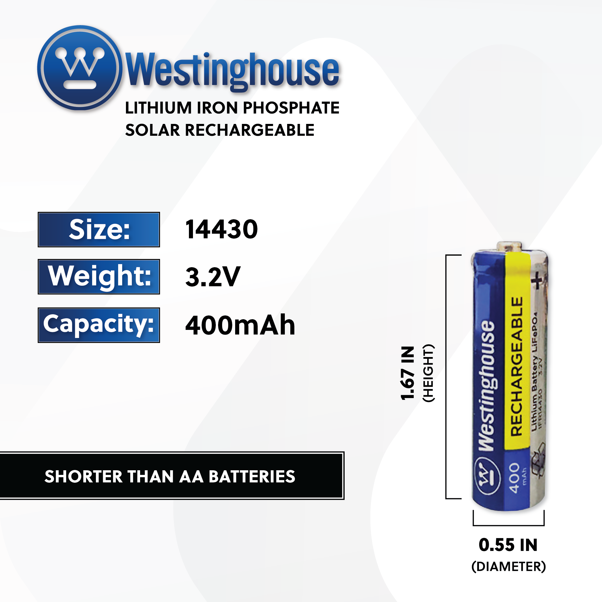 Westinghouse Lithium Iron Phosphate IFR14430 3.2v 400mah Solar Rechargeable Cardboard Box of 8