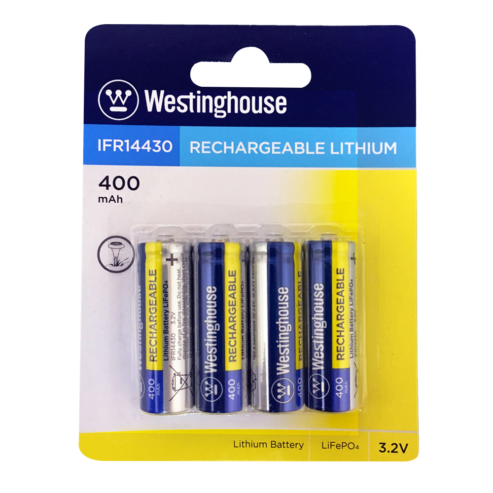 Westinghouse IFR14430 Lithium Iron Phosphate Rechargeable Battery 400mAh Blister Pack of 4