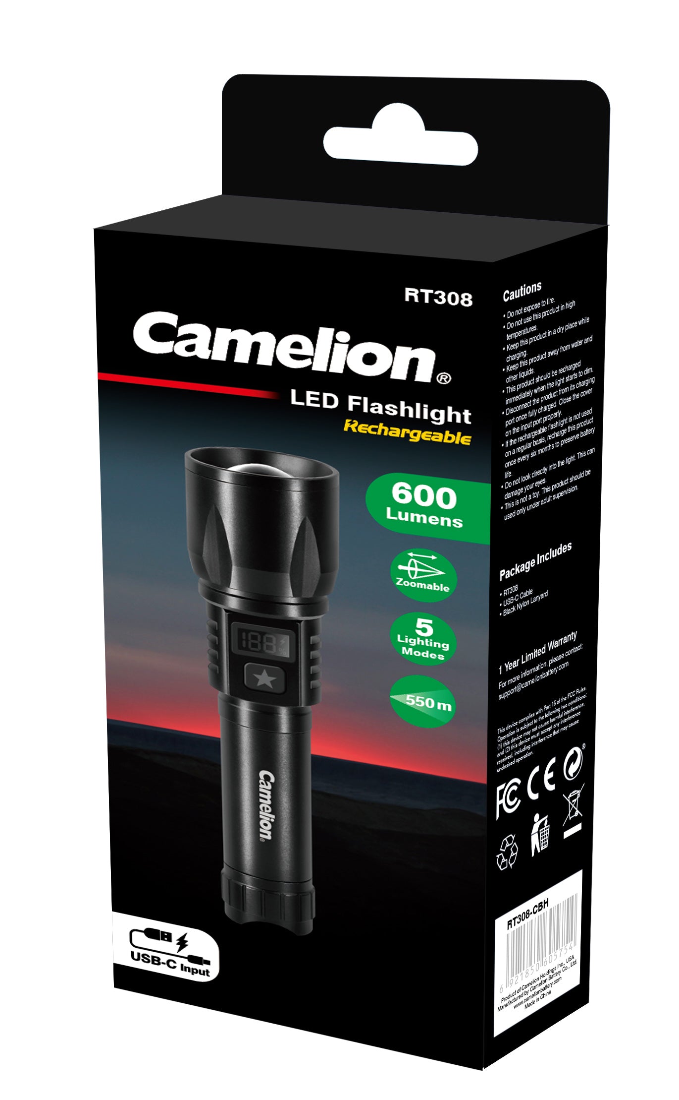 Camelion RT308 Rechargeable 600lm LED Flashlight