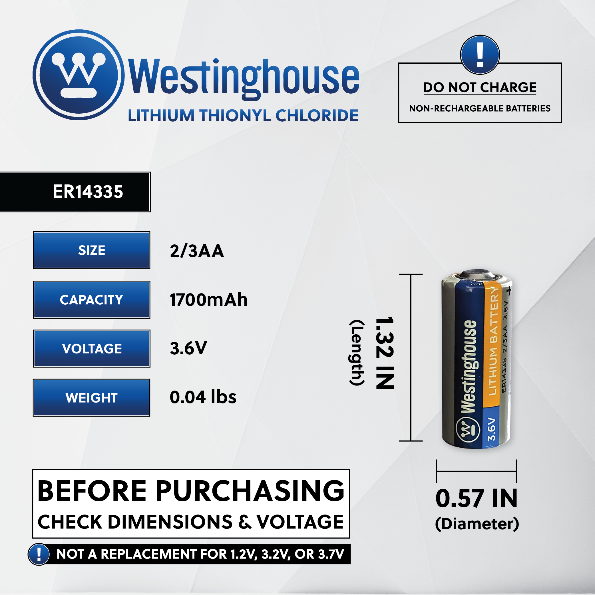 ER14335  2/3AA Size 3.6V Lithium Primary Battery for Specialized Devices - Non Rechargeable