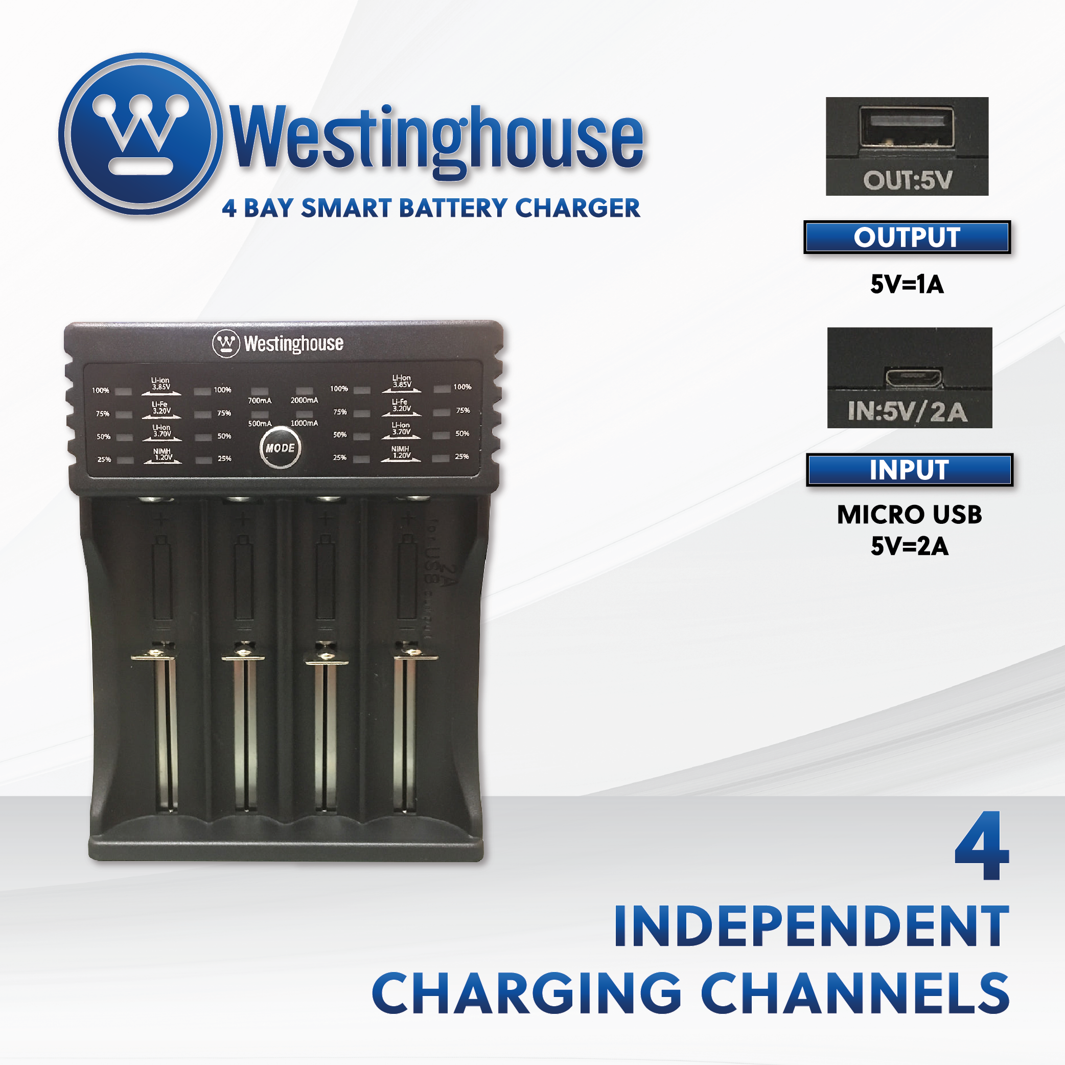 Westinghouse Universal Ni-Mh, Li-ion, Li-Fe Smart Charger- 4 Bay