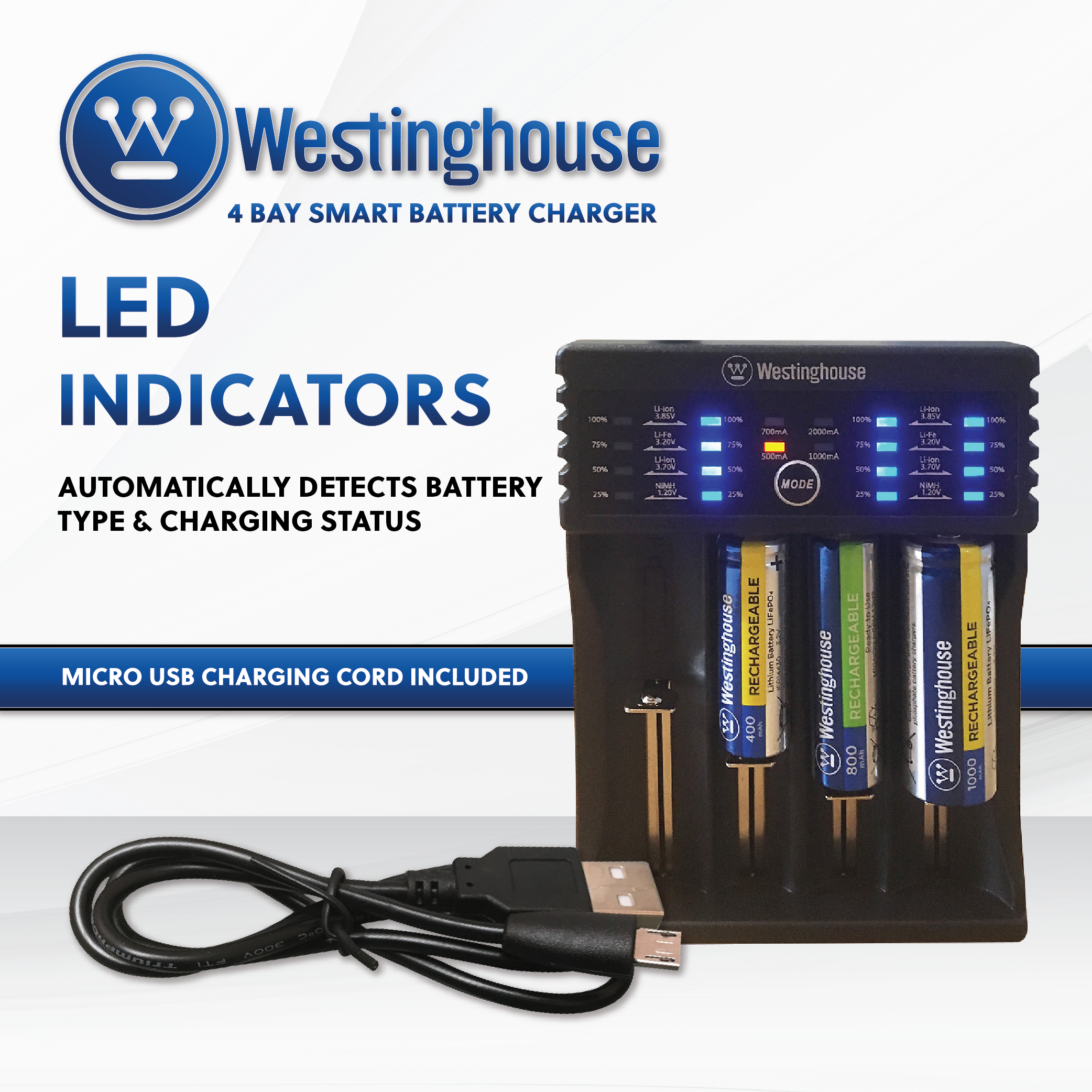 Westinghouse Universal Ni-Mh, Li-ion, Li-Fe Smart Charger- 4 Bay