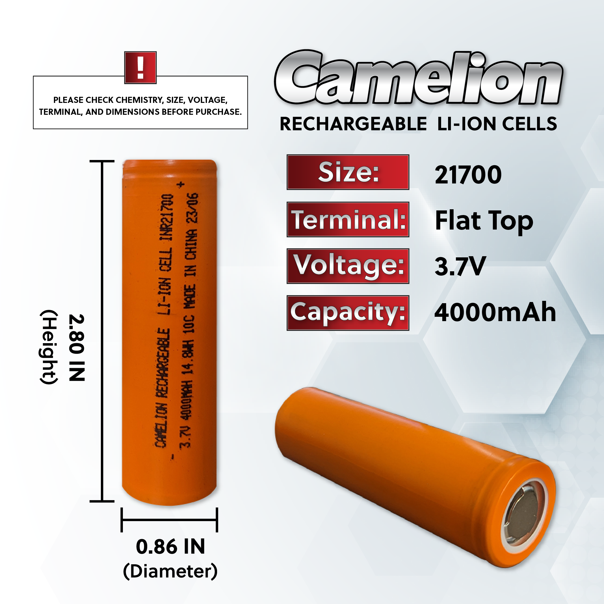 Camelion 21700 4000mAh Li-Ion Protected Cell - Rechargeable