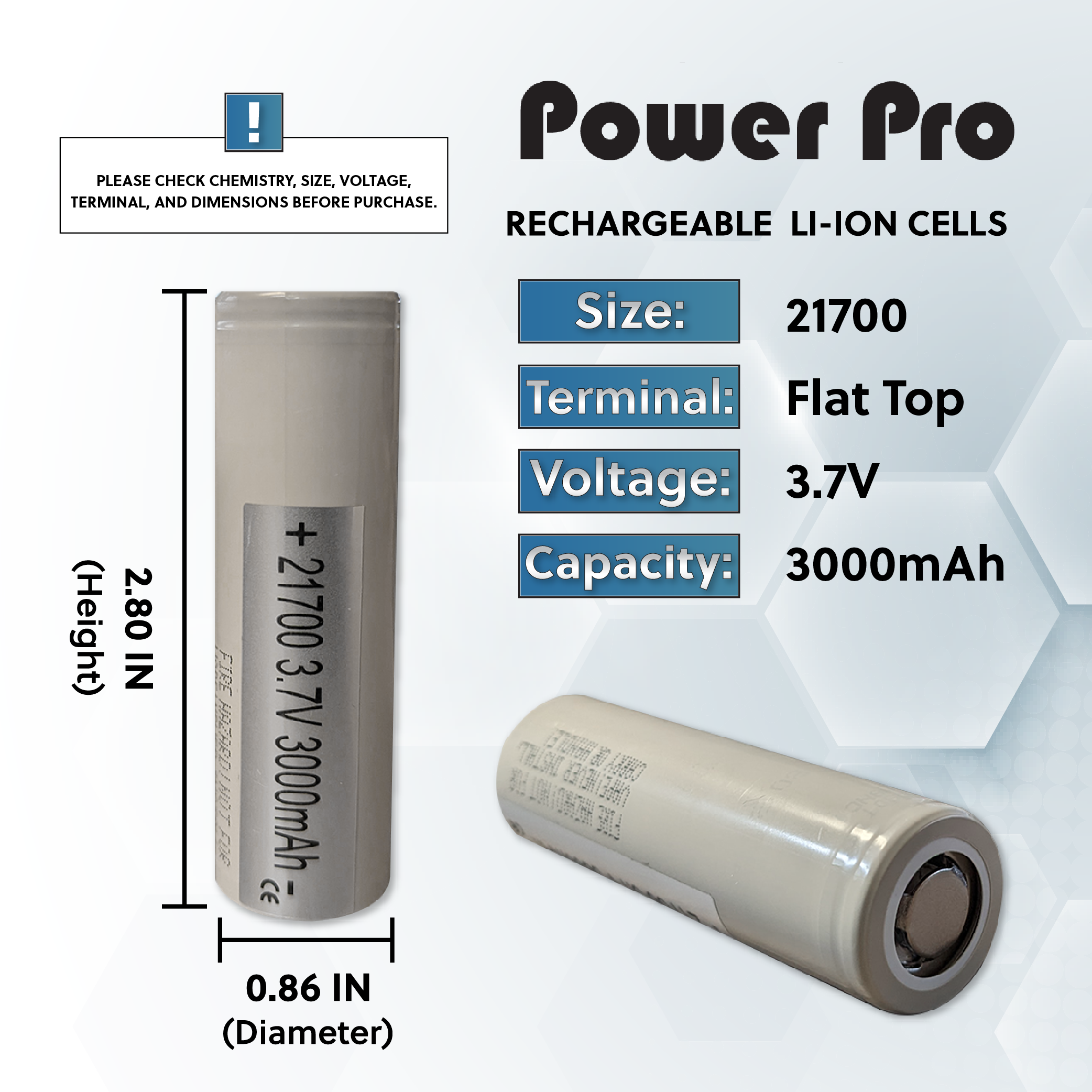 PowerPro 21700 3000mAh Li-Ion Unprotected Cell