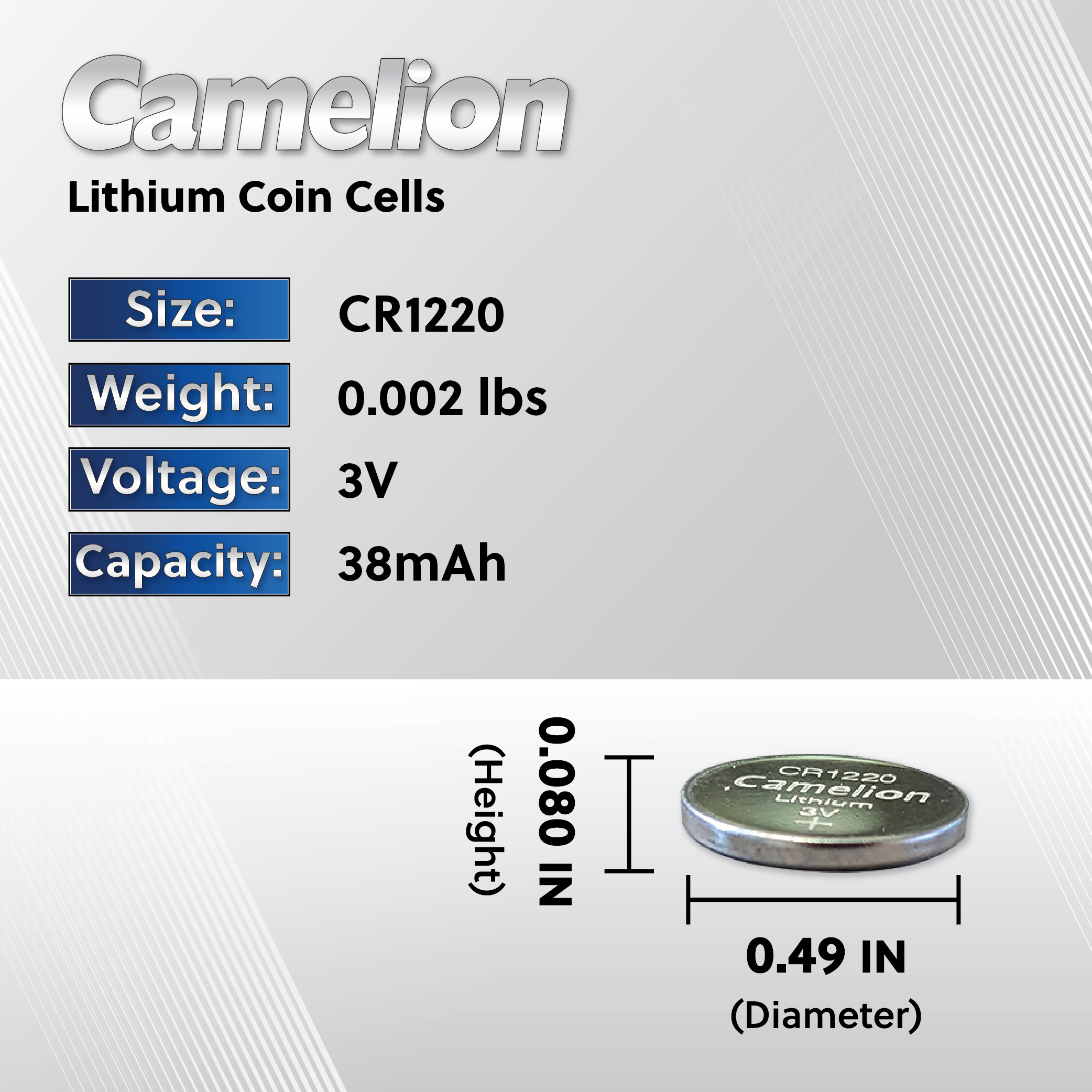 Camelion CR1220 3V Lithium Primary Coin Cell Battery - Non Rechargeable