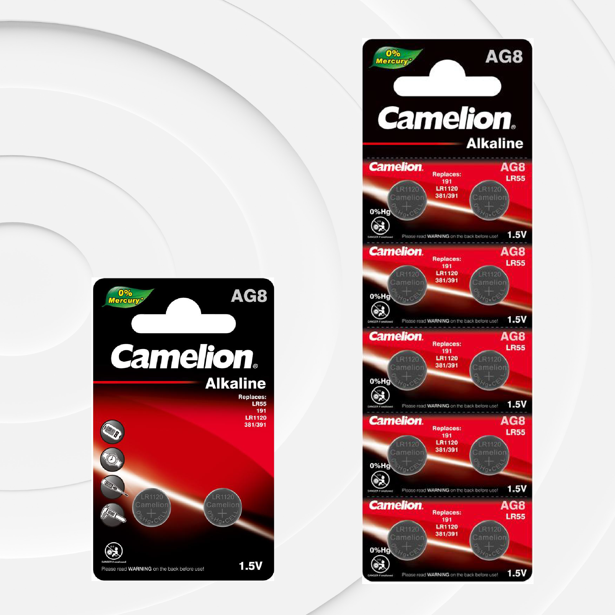 Camelion  AG8 / G8 / LR1121 / LR55 / 191 / SR1120W / GP91A / 391  1.5V Alkaline Button Cell Battery(Two Packaging Options)