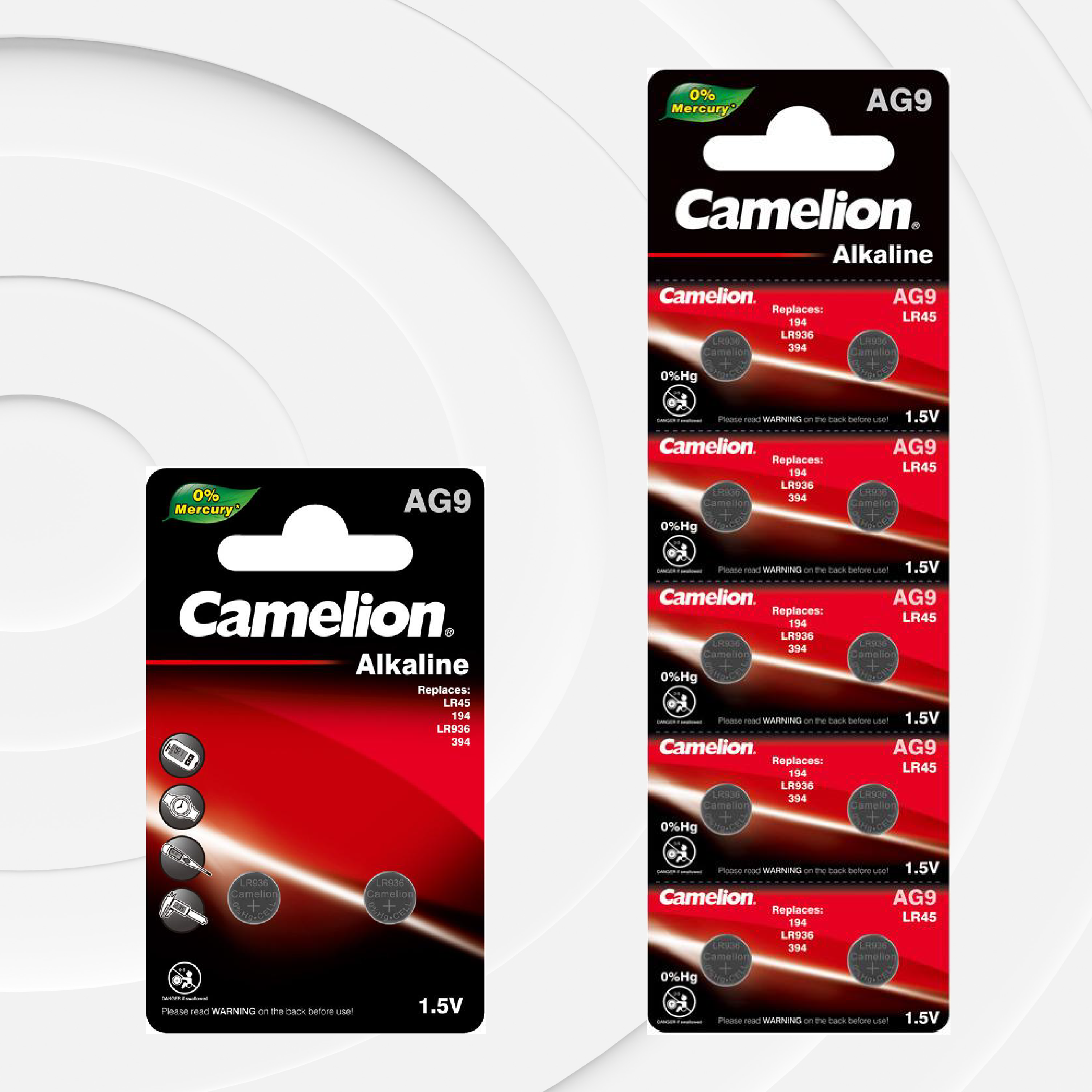 Camelion AG9 / G9 / LR936 / LR45 / 194 / SR936W / GP94A / 394 1.5V Alkaline Button Cell Battery (Two Packaging Options)
