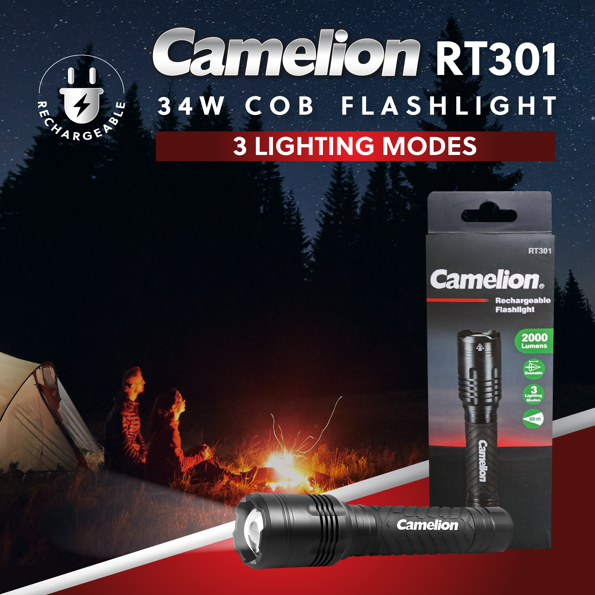 Camelion RT301 34W COB 2000LM Rechargeable Flashlight - 3 Lighting Modes