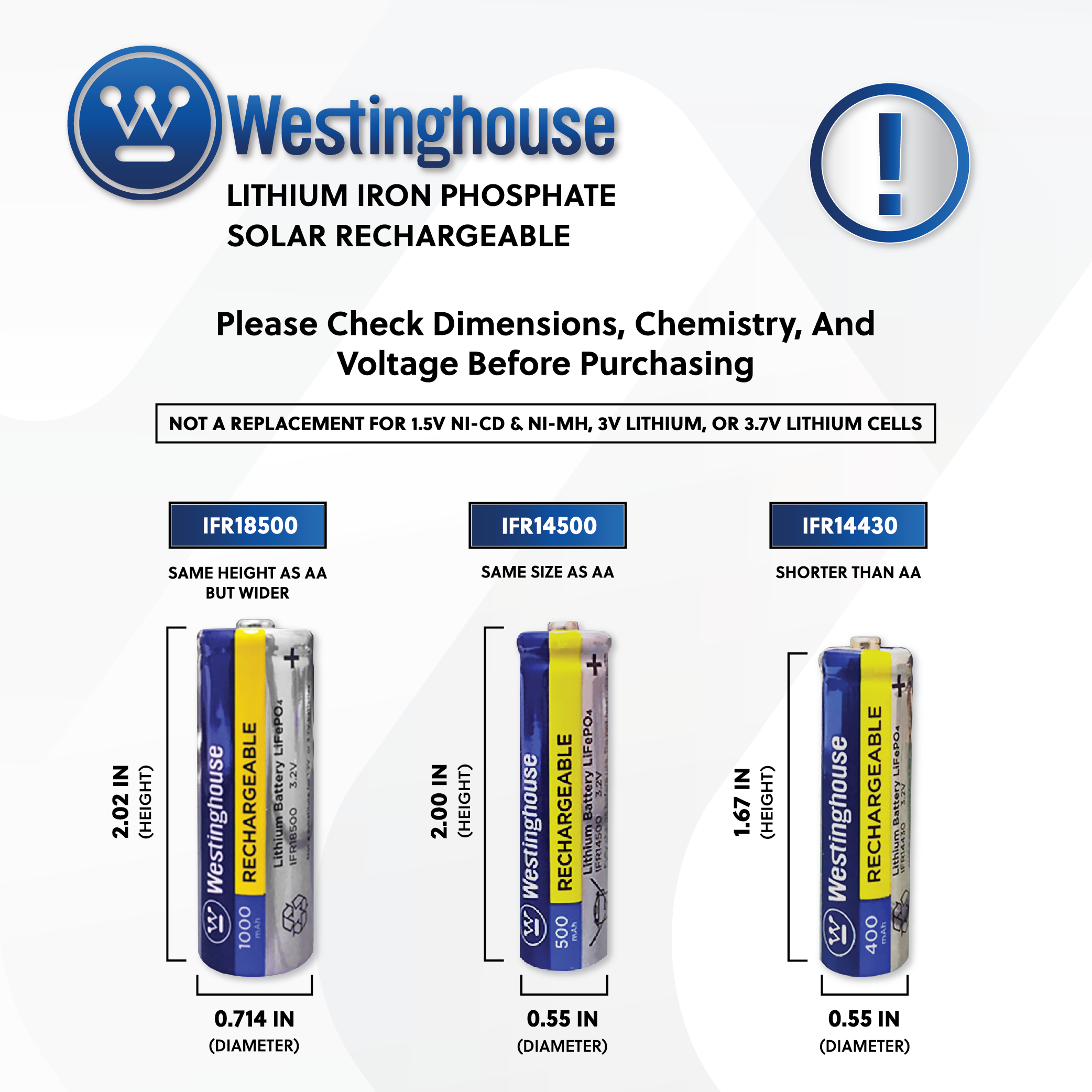 Westinghouse Lithium Iron Phosphate IFR18500 3.2v 1000mah Solar Rechargeable Cardboad Box of 8