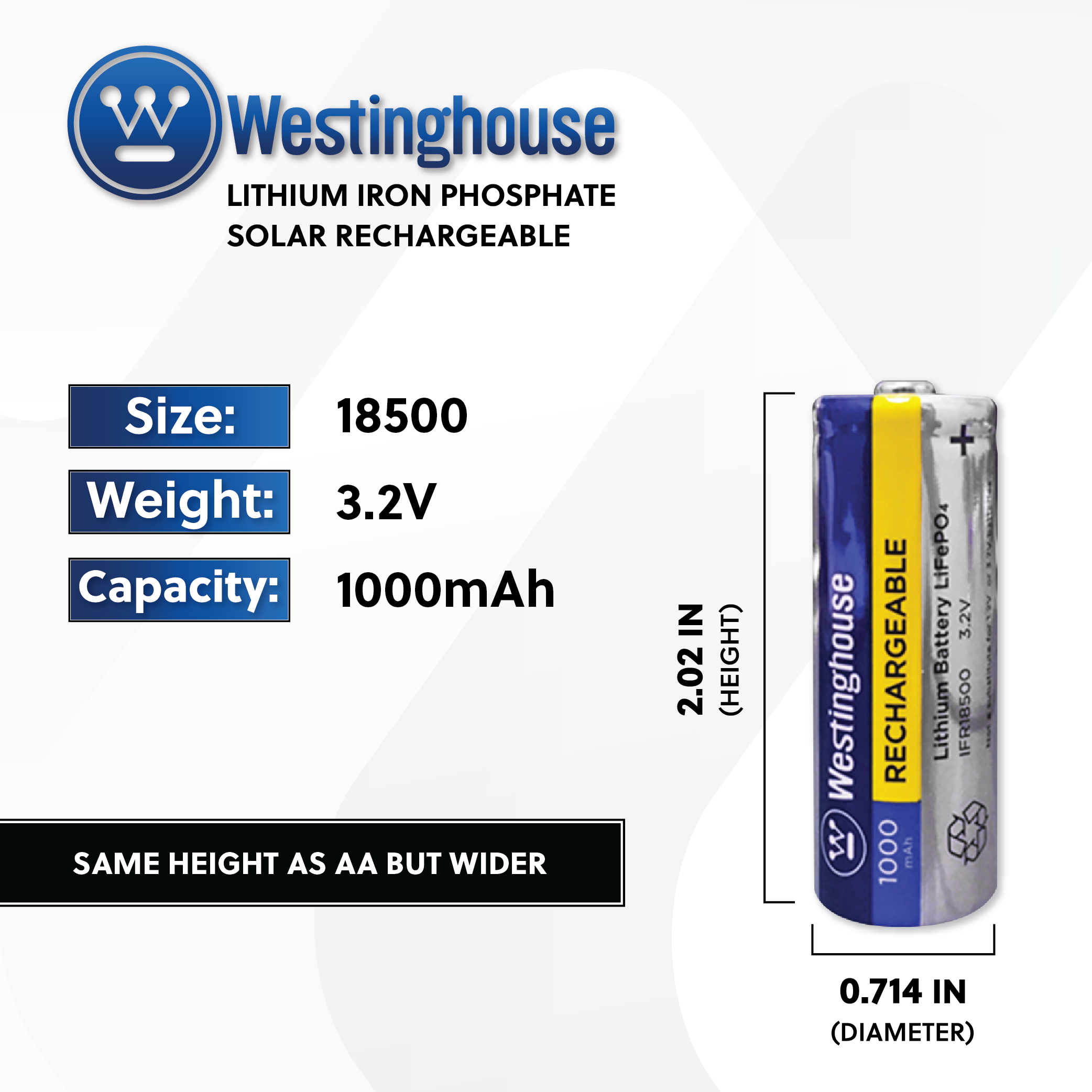Westinghouse Lithium Iron Phosphate IFR18500 3.2v 1000mah Solar Rechargeable Cardboad Box of 8