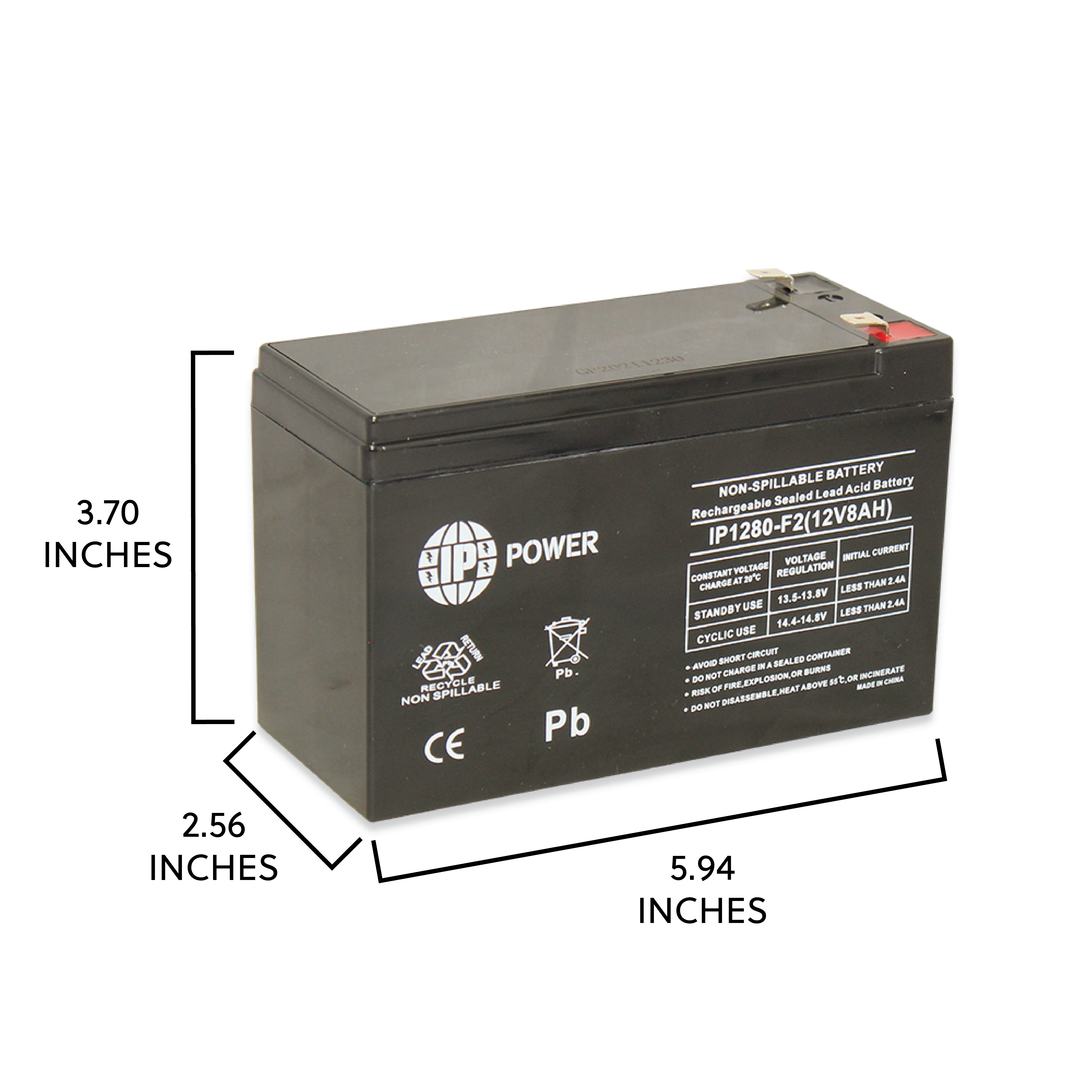 IP POWER  IP1280-F1, 12V 8Ah F1 Terminal, Sealed Lead Acid Rechargeable Battery