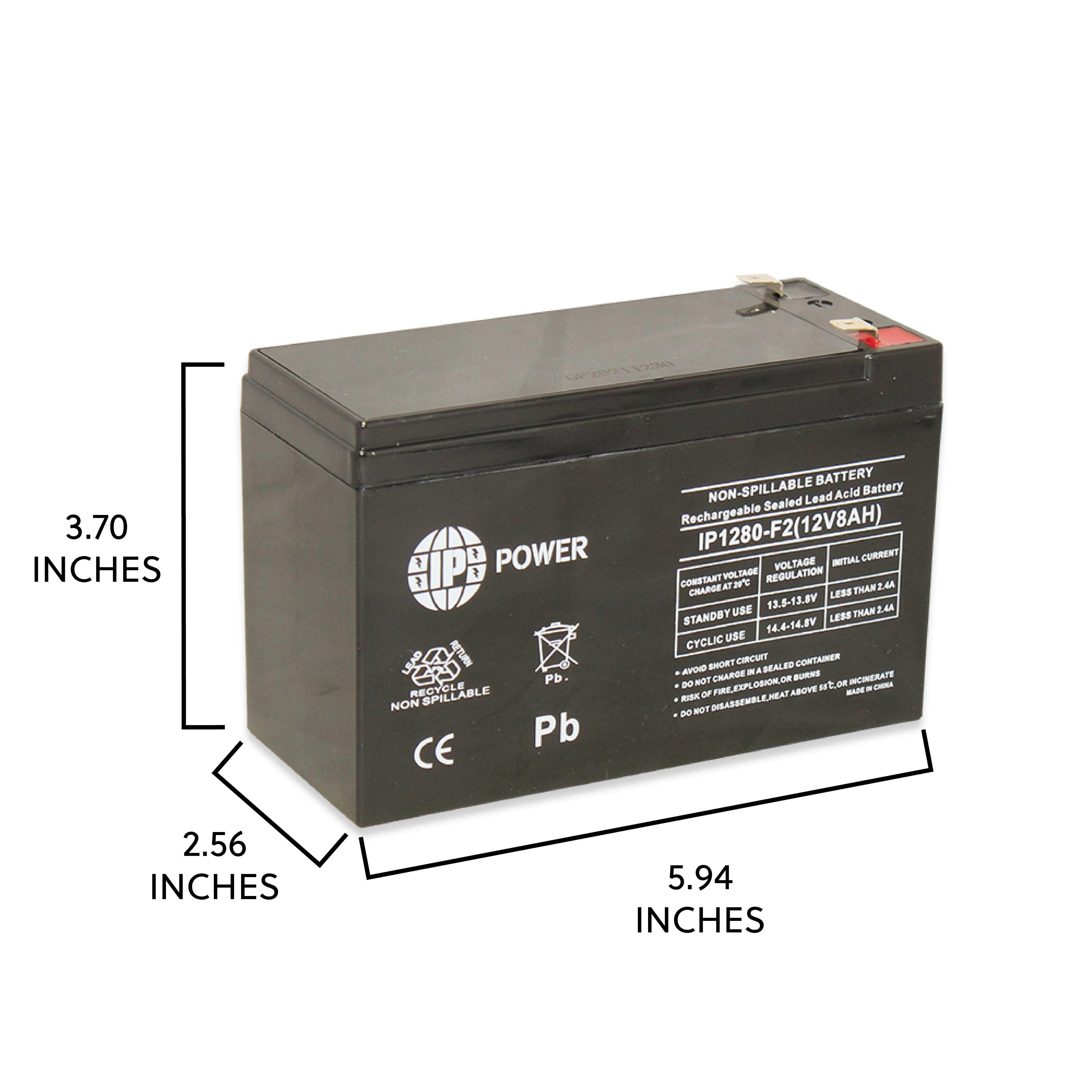 IP POWER  IP1280-F2, 12V 8Ah F2 Terminal, Sealed Lead Acid Rechargeable Battery