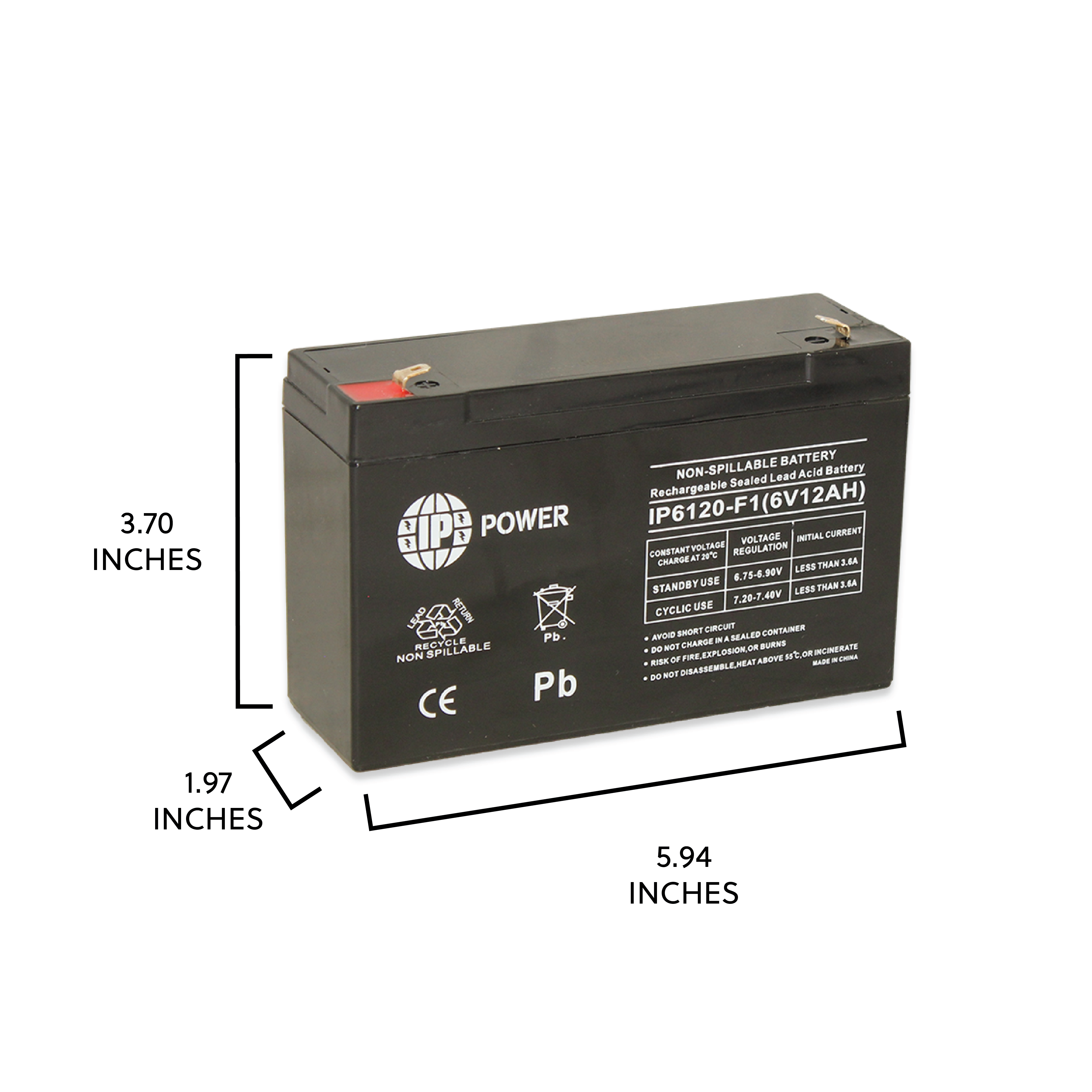 IP POWER  IP6120-F1, 6V 12Ah F1 Terminal, Sealed Lead Acid Rechargeable Battery