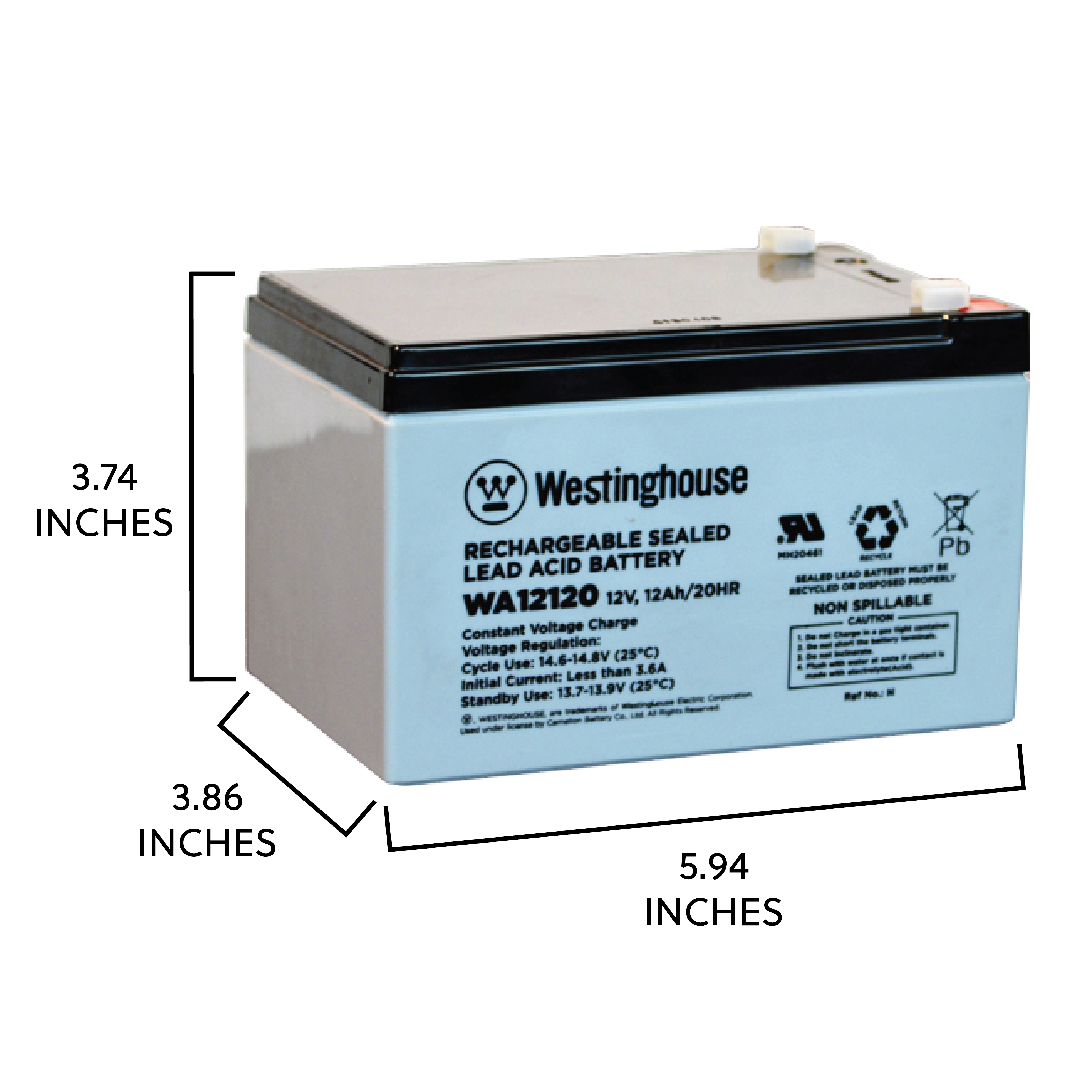 Westinghouse WA12120-F2 12 Volt 12 Amp F2 Terminal, Sealed Lead Acid Rechargeable Battery
