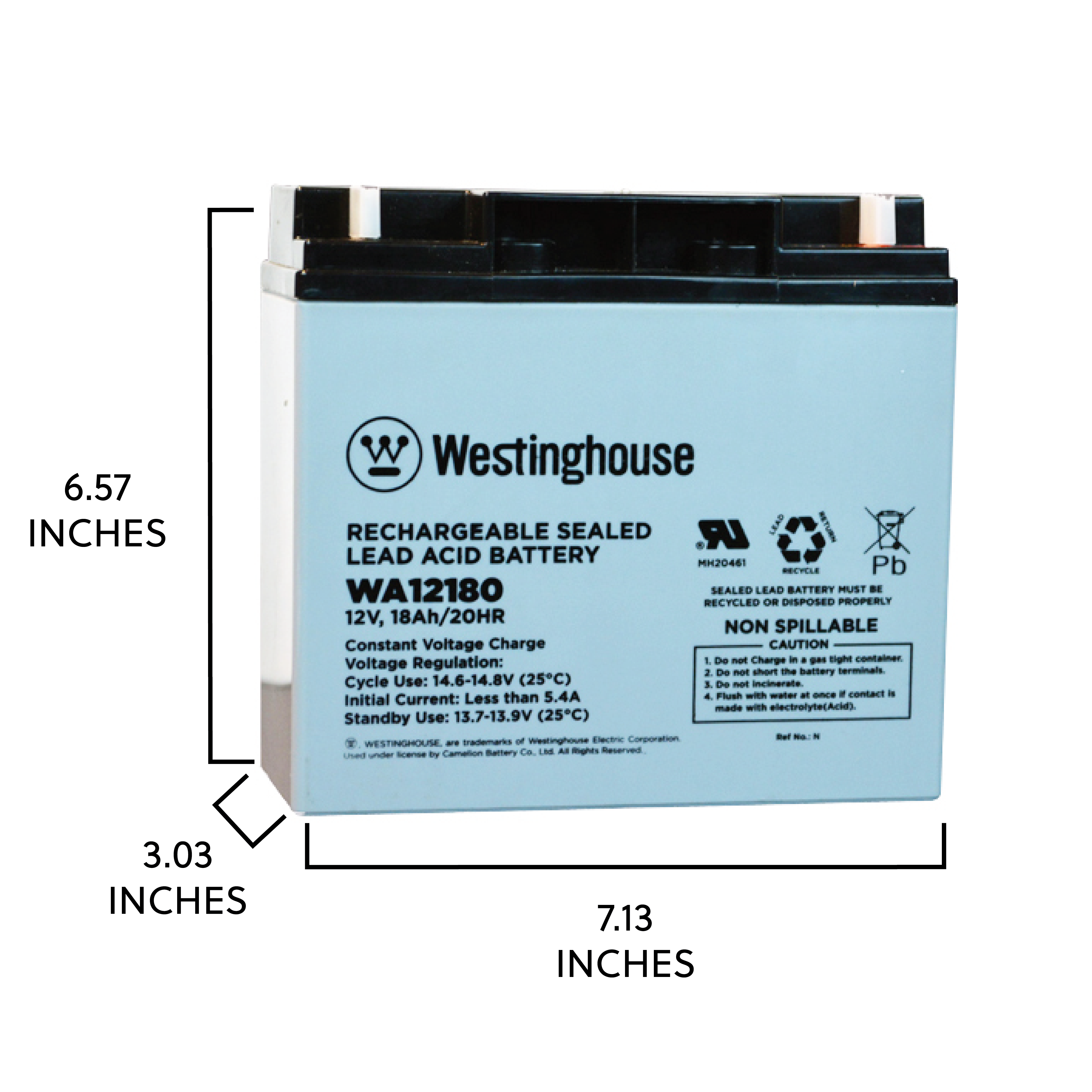Westinghouse WA12180-F3, 12V 18Ah  F3 Terminal (Nut & Bolt) Sealed Lead Acid Rechargeable Battery