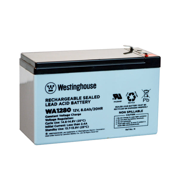 wholesale, wholesale batteries, sla, sealed lead acid, westinghouse WA1280, 12V 8Ah, F1 terminal